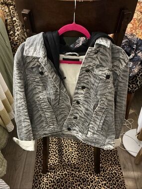 Blank NYC Grey Zebra-Print Jean Jacket with Black Hood